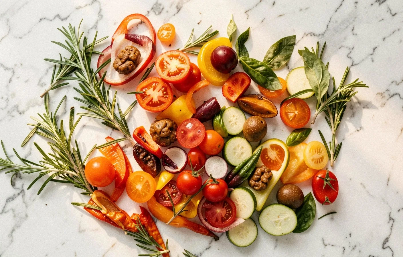 Texturas naturales de alimentos mediterráneos sobre mármol